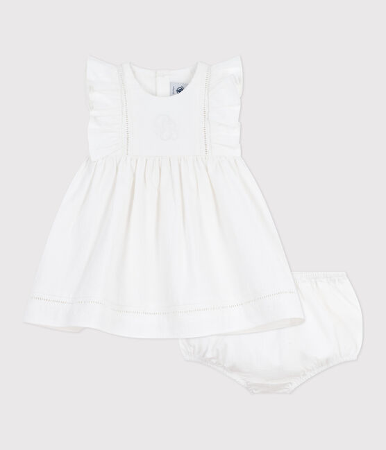 Ärmelloses Baby-Kleid aus einfarbiger Baumwolle mit Stickerei und dazu passendem Bloomer weiss ECUME