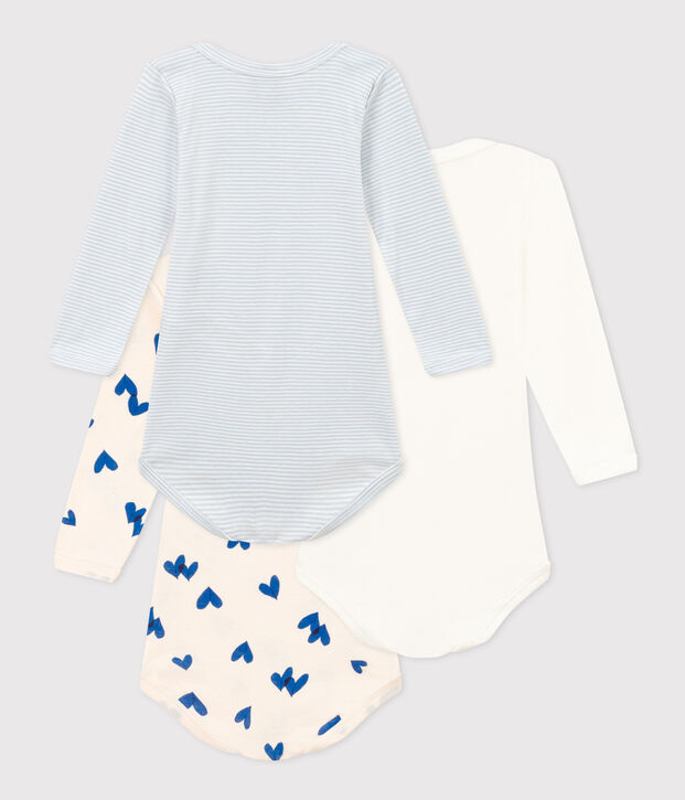3er-Set lang&auml;rmelige Baby-Bodys aus Baumwolle mit blauen Herzen vielfarbig