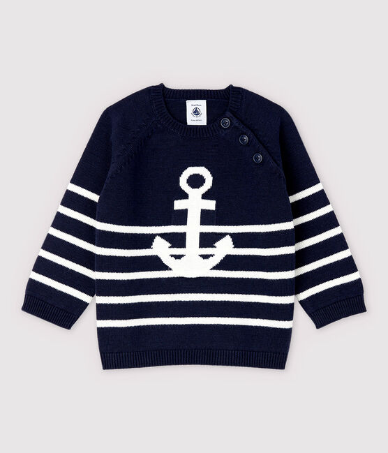 Baby-Pullover aus Baumwollstrick mit Leinenanteil Jungen blau SMOKING/weiss MARSHMALLOW