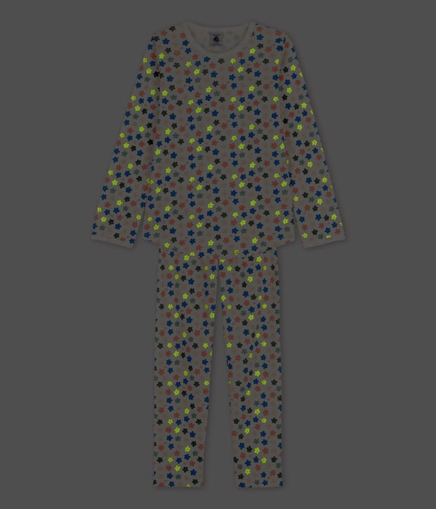 Kinderpyjama aus Baumwolle mit phosphoreszierenden Blumen f&uuml;r M&auml;dchen weiss/vielfarbig