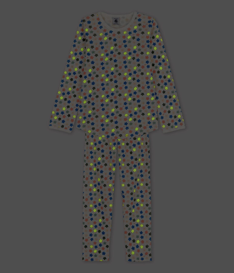 Kinderpyjama aus Baumwolle mit phosphoreszierenden Blumen f&uuml;r M&auml;dchen weiss MARSHMALLOW/weiss MULTICO