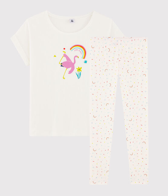 Pyjama aus Rippstrick mit rosarotem Flamingomotiv für Mädchen/Damen weiss MARSHMALLOW/weiss MULTICO