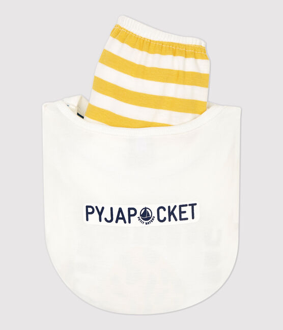 Kinder-Kurzpyjama aus Baumwolle mit Panthermotiv für Jungen weiss MARSHMALLOW/gelb OCRE
