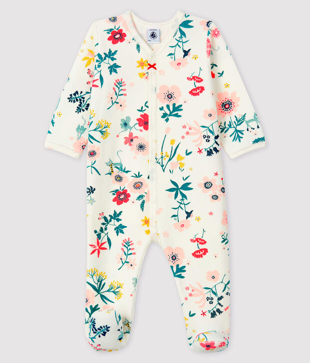 Baby-Strampler aus Nicki mit Blumenmuster f&uuml;r M&auml;dchen weiss/vielfarbig
