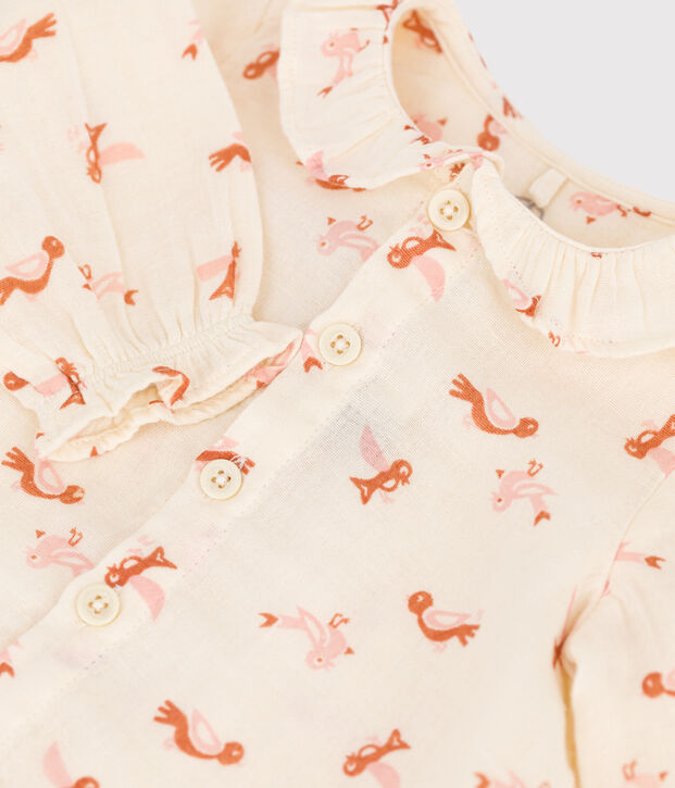 Lang&auml;rmelige Babybluse aus Musselin-Stoff mit Vogelmotiv naturfarben/vielfarbig