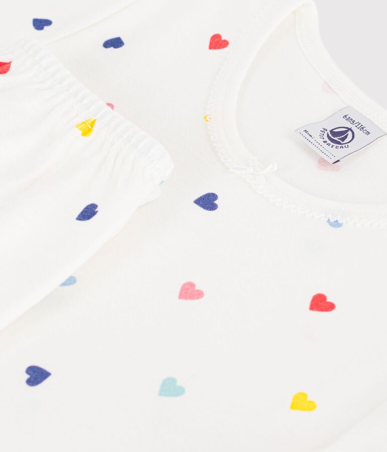 Kurz&auml;rmeliger Kinder-Pyjama mit langer Hose aus Baumwolle mit Herzmotiv weiss MARSHMALLOW/weiss MULTICO