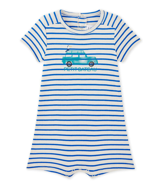 Kurzer Baby-Jungen-Einteiler mit Marinestreifen weiss FETA/blau PERSE