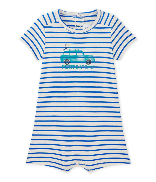Kurzer Baby-Jungen-Einteiler mit Marinestreifen beige/blau