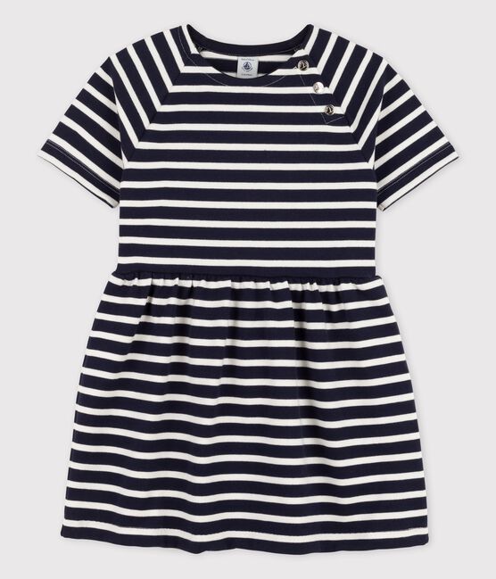 Kurzärmeliges Kleid aus Baumwolle für Mädchen blau SMOKING/weiss MARSHMALLOW