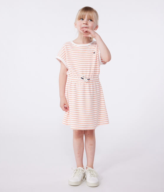 Kurzärmeliges Kinder-Kleid aus Baumwoll-Frottee mit Streifen  orange MARSHMALLOW/ ABRICOT
