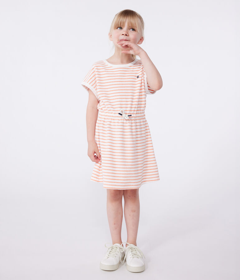 Kurz&auml;rmeliges Kinder-Kleid aus Baumwoll-Frottee mit Streifen weiss/orange