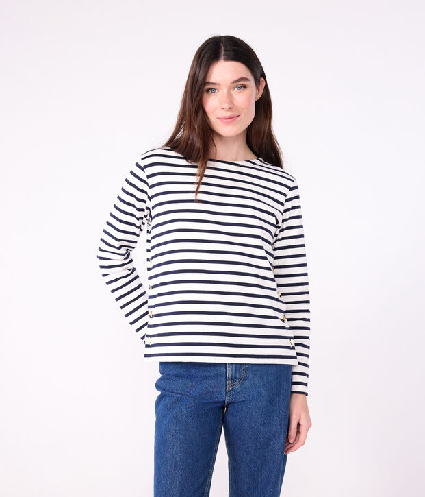 Damen-Streifenshirt Marini&egrave;re aus Baumwolle weiss/blau