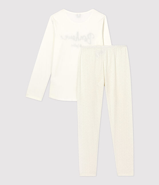 Kinderpyjama aus Bio-Baumwolle mit Punktmuster für Mädchen weiss MARSHMALLOW/blau MEDIEVAL
