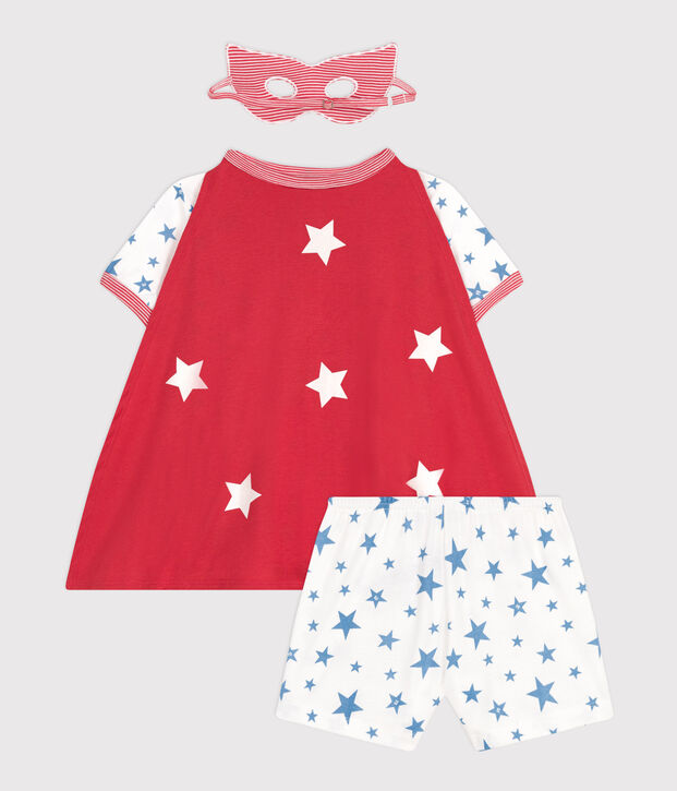 Kinder-Kurzpyjama zum Verkleiden aus phoshoreszierender Baumwolle mit Cape weiss/vielfarbig