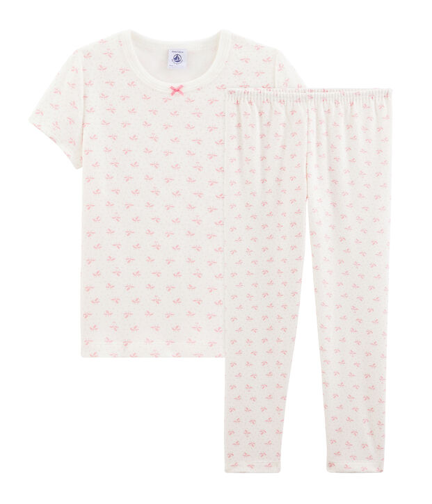 Rippstrick-Pyjama mit Blumen, f&uuml;r kleine M&auml;dchen. weiss/rosa