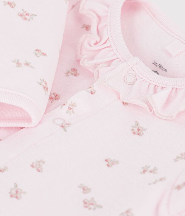 Strampler aus Nicki mit Kragen und Blumenmuster rosa/vielfarbig