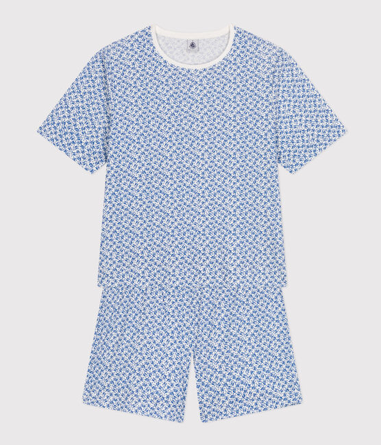 Damen-Pyjama, Shorts und T-Shirt aus Baumwolle mit Blumenmuster blau MARSHMALLOW/ INCOGNITO