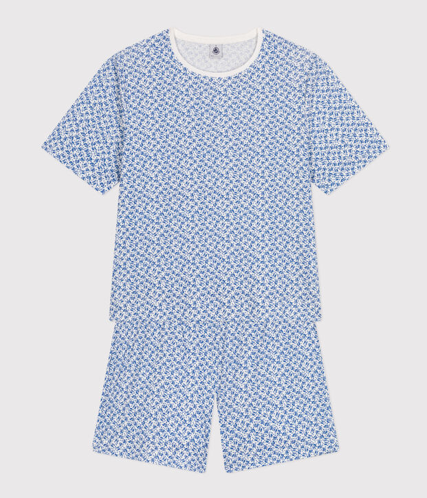Damen-Pyjama, Shorts und T-Shirt aus Baumwolle mit Blumenmuster blau/blau