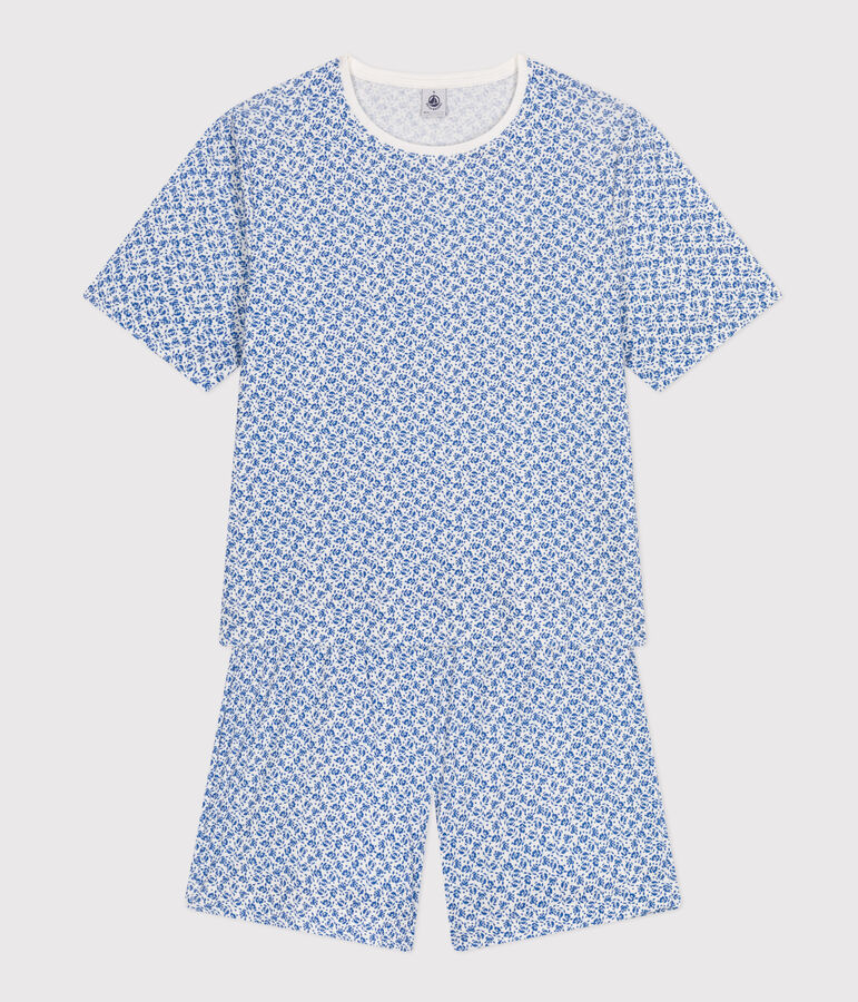Damen-Pyjama, Shorts und T-Shirt aus Baumwolle mit Blumenmuster weiss/blau