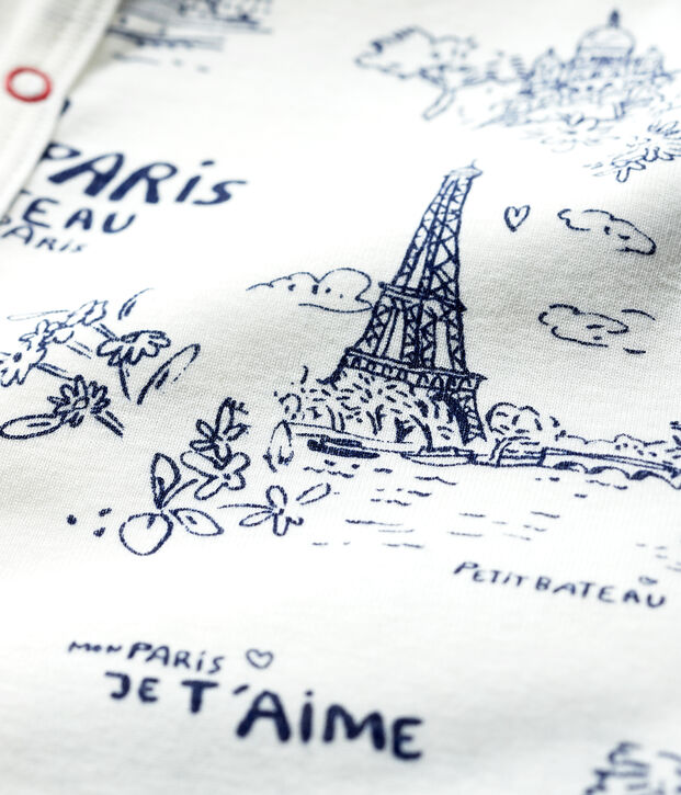 Baby-Einteiler aus Baumwolle mit Paris-Motiv im Toile-de-Jouy-Stil weiss/blau