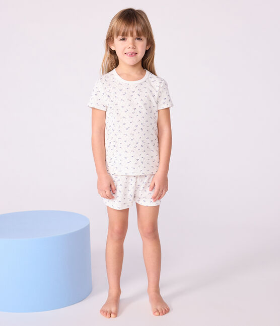 Kurzer Kinder-Pyjama aus Baumwolle mit Lochstickerei im Blumenmuster weiss MARSHMALLOW/weiss MULTICO