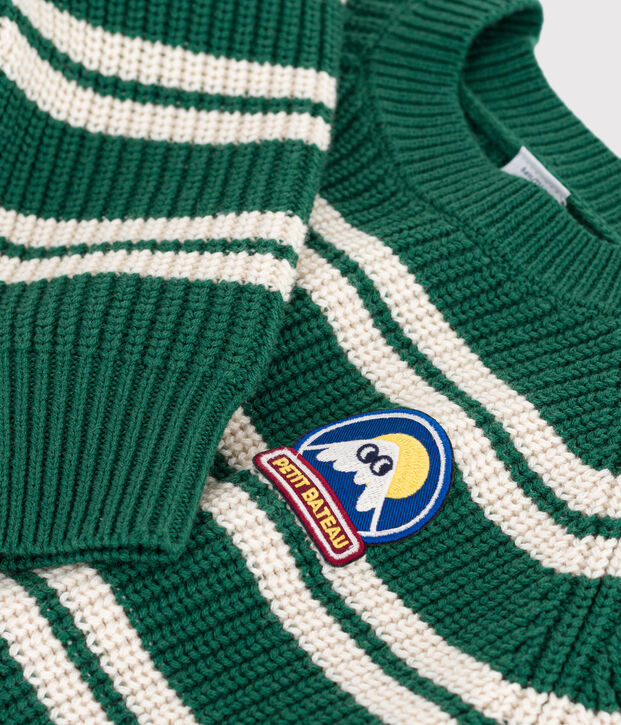 Kinder-Pullover aus Wolle und Baumwolle mit Streifen gr&uuml;n/naturfarben