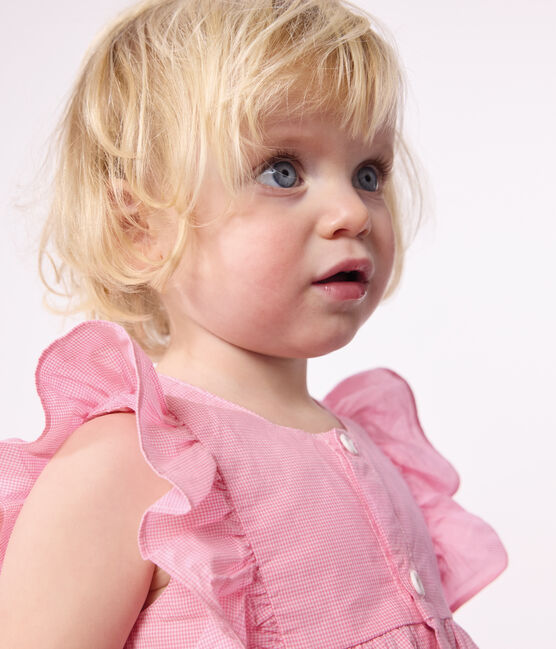 Ärmelloses Baby-Kleid aus leichter Baumwolle und Bloomer mit Vichy-Muster weiss ECUME/ PETAL