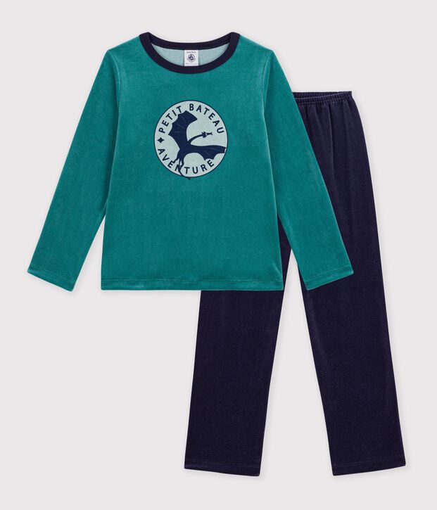 Kinder-Pyjama aus einfarbigem Nicki mit Drachenmotiv blau/NEW OLIVIER