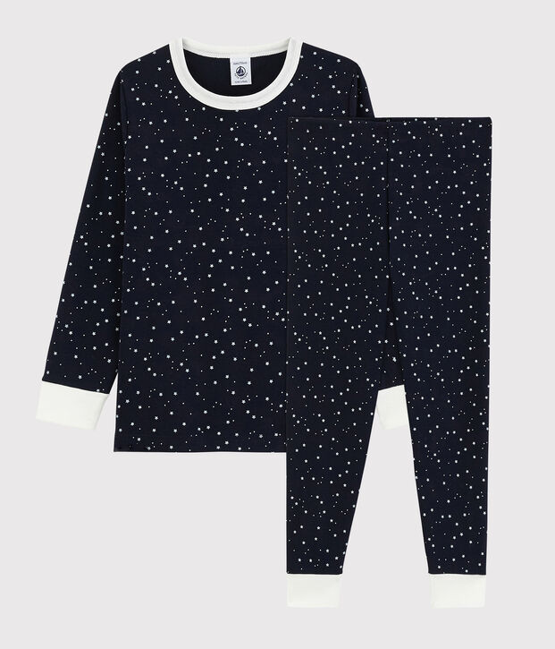 Kinderpyjama aus Rippstrick mit Sternenmuster blau/weiss