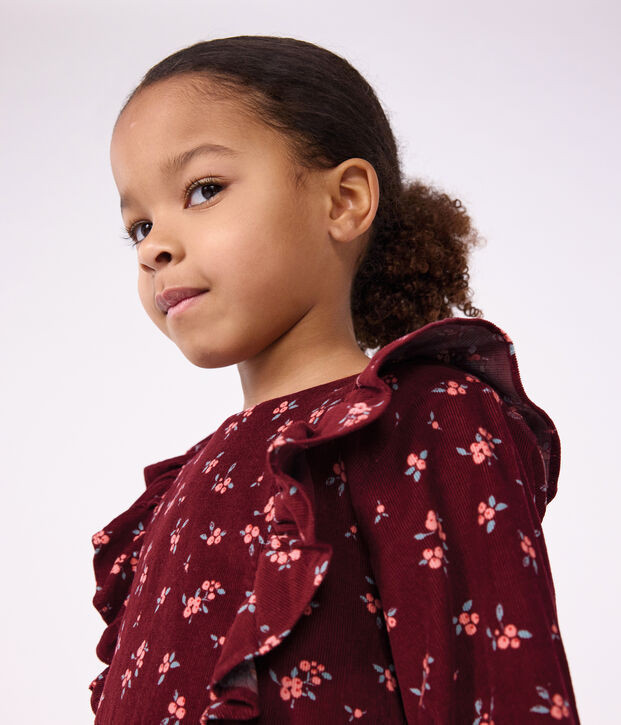 Lang&auml;rmeliges Kinder-Kleid aus gebl&uuml;mtem Fein-Cord rot/vielfarbig