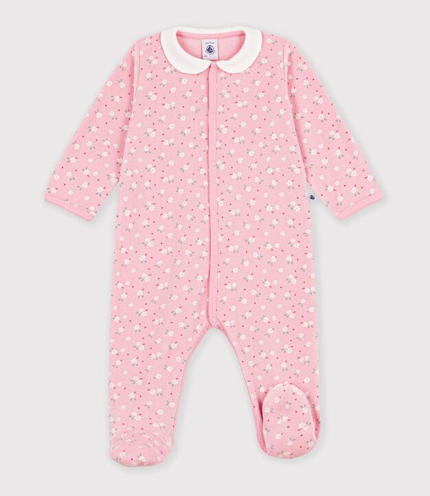 Strampler aus Nicki mit Kragen und Blumenmuster rosa/vielfarbig