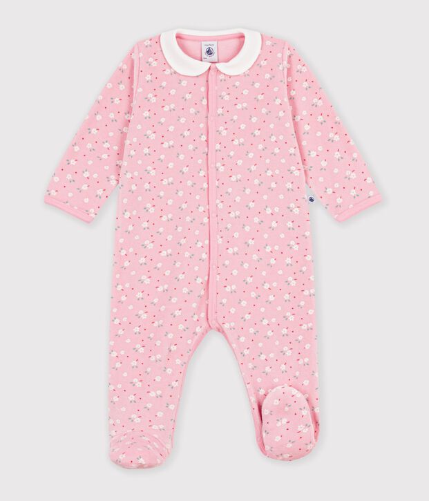 Strampler aus Nicki mit Kragen und Blumenmuster rosa/vielfarbig