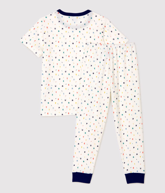 Kurzärmeliger Kinderpyjama aus Bio-Baumwolle mit mehrfarbigem Buchstaben-Print für Jungen weiss MARSHMALLOW/weiss MULTICO