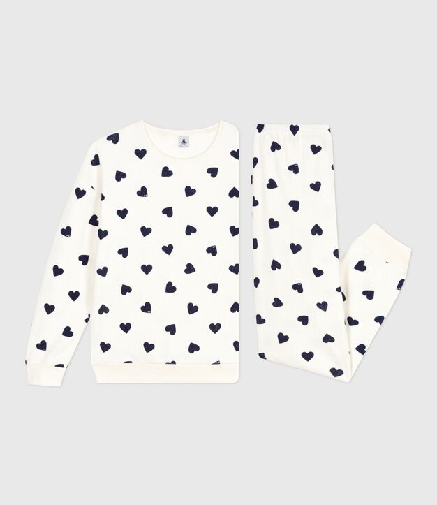 Damen-Pyjama aus Baumwoll-Frottee mit Herzmotiv blau/blau