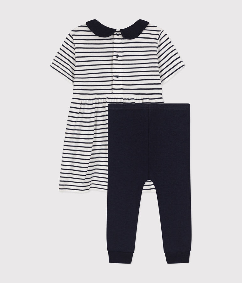 Babyset aus Baumwolle, bestehend aus Kleid und Leggings weiss/blau