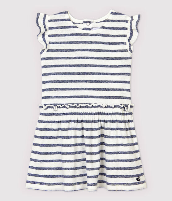 Kurzärmeliges, gestreiftes Babykleid aus Baumwolle/Leinen für Mädchen weiss MARSHMALLOW/blau MEDIEVAL