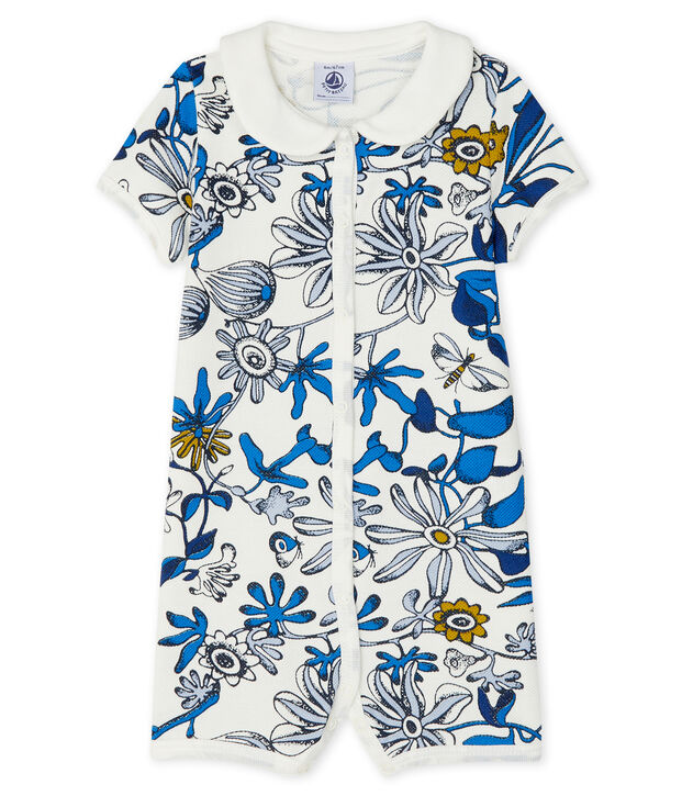 Gemusterter Baby-Kurzoverall f&uuml;r M&auml;dchen weiss/blau