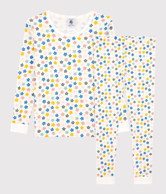 Kinderpyjama aus Baumwolle mit phosphoreszierenden Blumen für Mädchen weiss MARSHMALLOW/weiss MULTICO