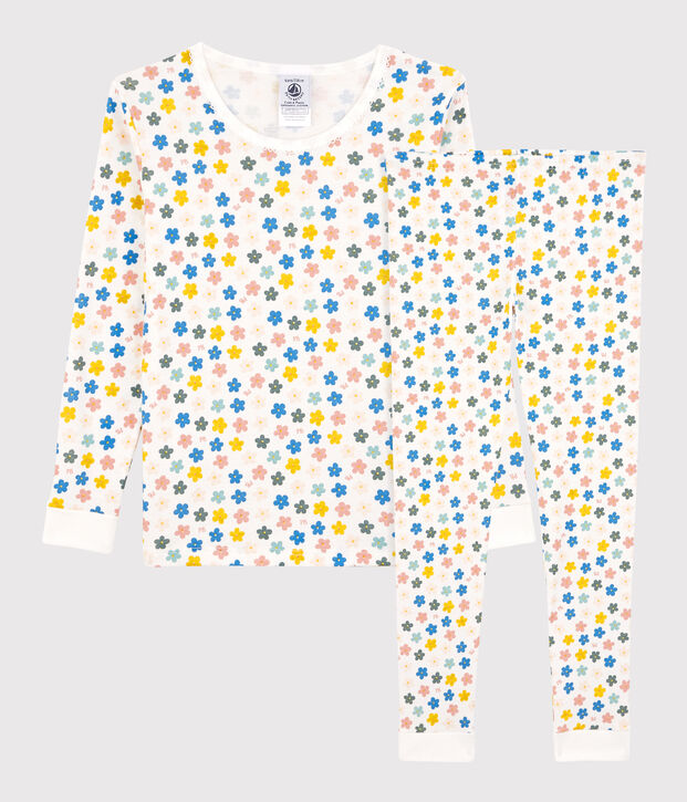 Kinderpyjama aus Baumwolle mit phosphoreszierenden Blumen f&uuml;r M&auml;dchen weiss/vielfarbig