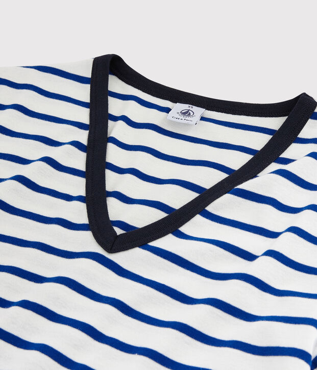 Damen-T-Shirt aus Baumwolle mit V-Ausschnitt weiss/blau