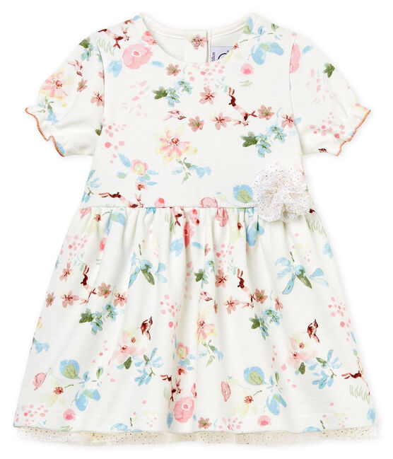 Kurzärmeliges baby-kleid mädchen weiss MARSHMALLOW/weiss MULTICO