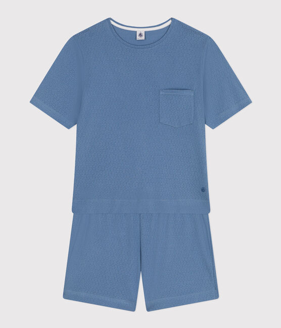 Damen-Pyjama mit Shorts und T-Shirt aus Baumwolle in Ajour-Optik, unifarben blau BEACH