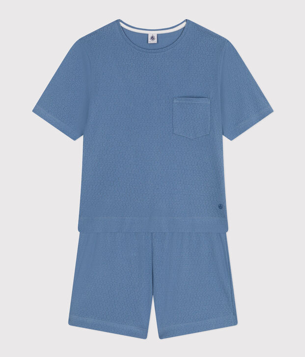 Damen-Pyjama mit Shorts und T-Shirt aus Baumwolle in Ajour-Optik, unifarben blau