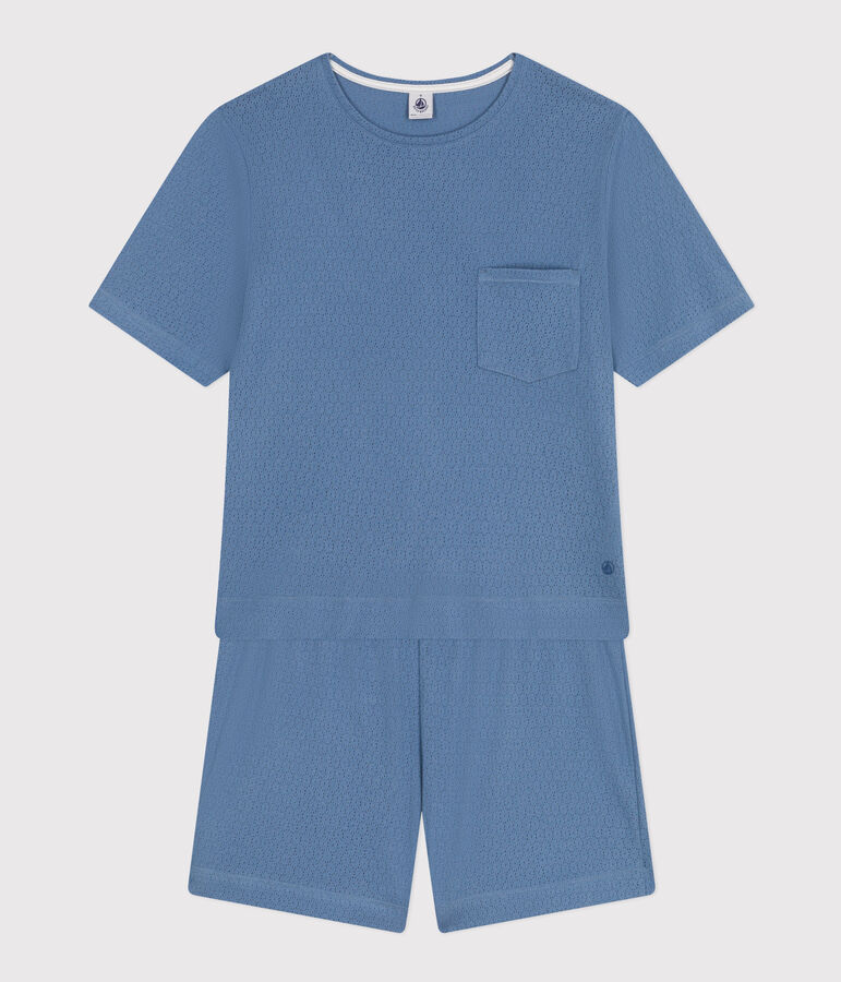 Damen-Pyjama mit Shorts und T-Shirt aus Baumwolle in Ajour-Optik, unifarben blau