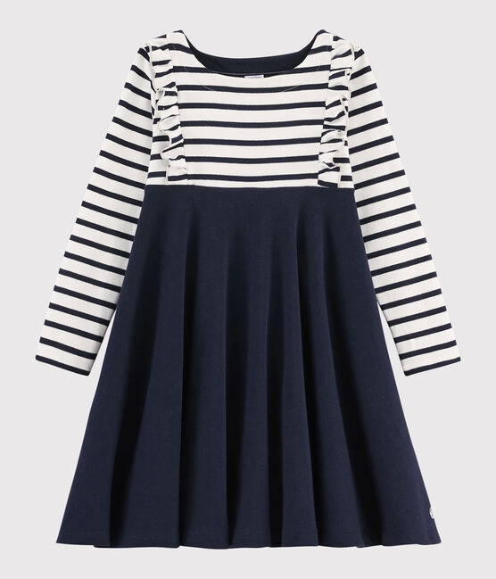 Langärmeliges Kinderkleid für Mädchen weiss MARSHMALLOW/blau SMOKING