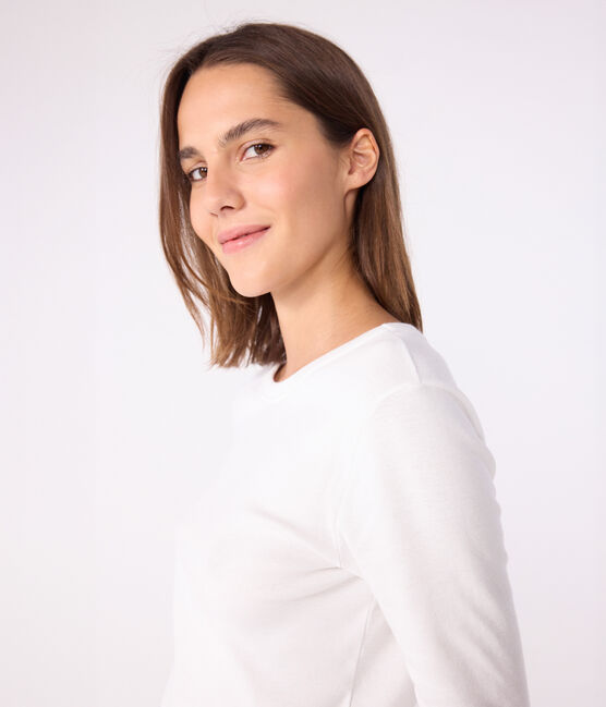 Langärmeliges Damen-T-Shirt L'Iconique aus einfarbigem Rippstrick weiss ECUME