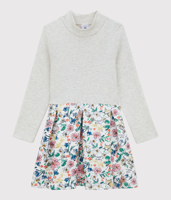 Langärmeliges Kinder-Kleid aus Doppeljersey für Mädchen weiss MARSHMALLOW/weiss MULTICO