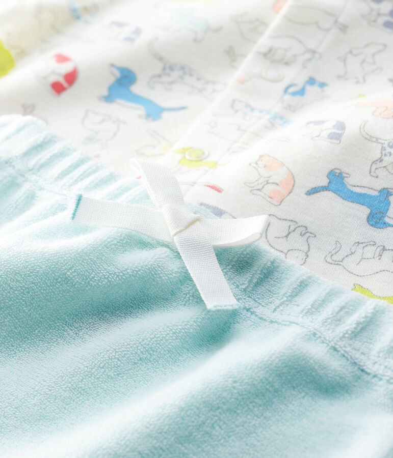Zweiteiliges Baby-Set aus Frottee und Bio-Baumwolle mit buntem Hundewelpen-Motiv weiss/vielfarbig