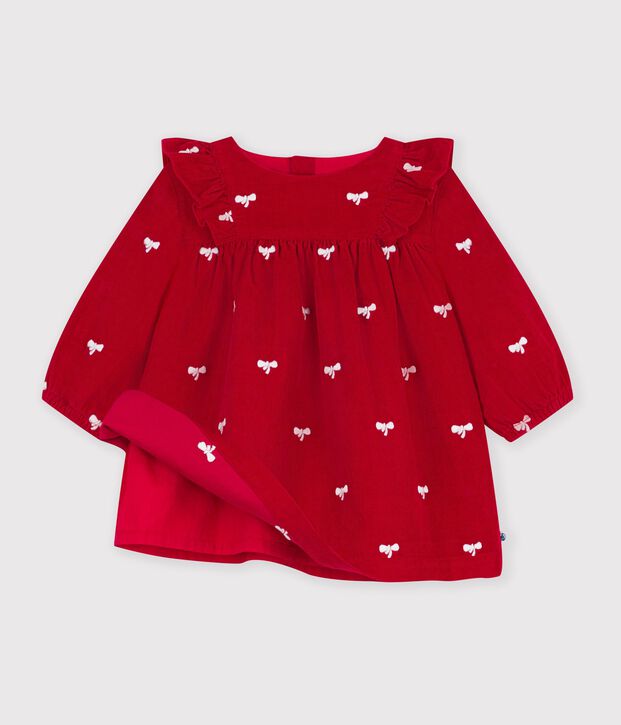 Lang&auml;rmeliges Baby-Kleid aus Feincord mit Stickereien und Schleifenmotiv rot/naturfarben