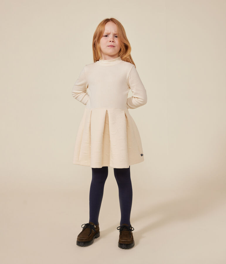Lang&auml;rmeliges Kinder-Kleid aus zwei Stoffen f&uuml;r M&auml;dchen naturfarben